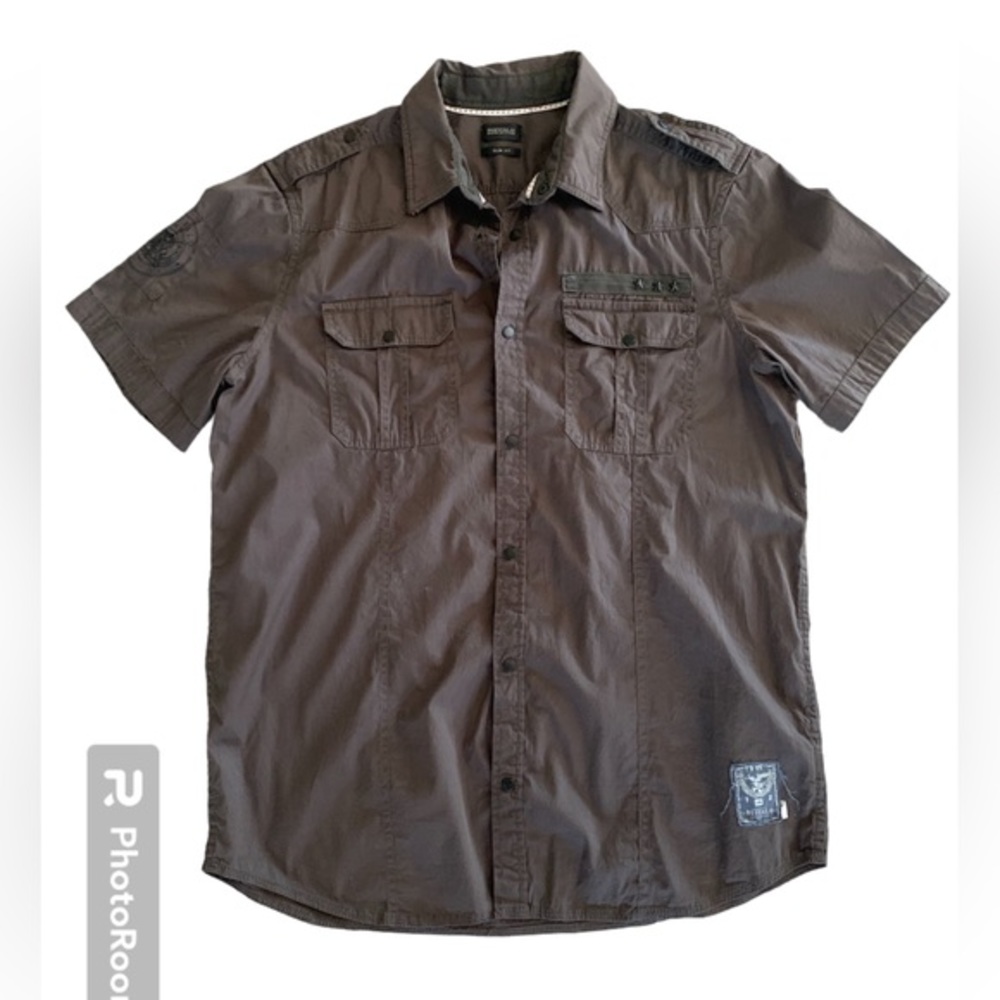 Buffalo David Bitton Mens Slim Fit Short Sleeve Snap Front Military Shirt Gray M
